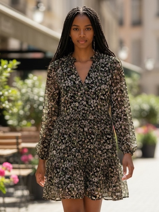 Time and Tru Dresses & Skirts - Time and Tru Black Floral Long-Sleeve Mini Dress